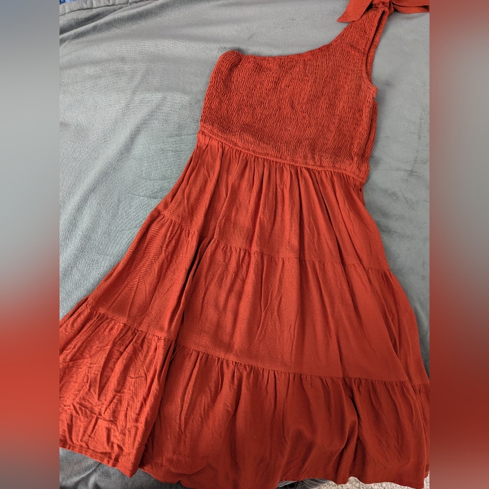 Smocked One-Shoulder Dress in Rust